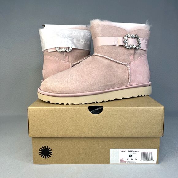 New Womens Ugg Boots Mini Glam Classy Bling Side Crystal Brooch Pink PCRY Sz 10